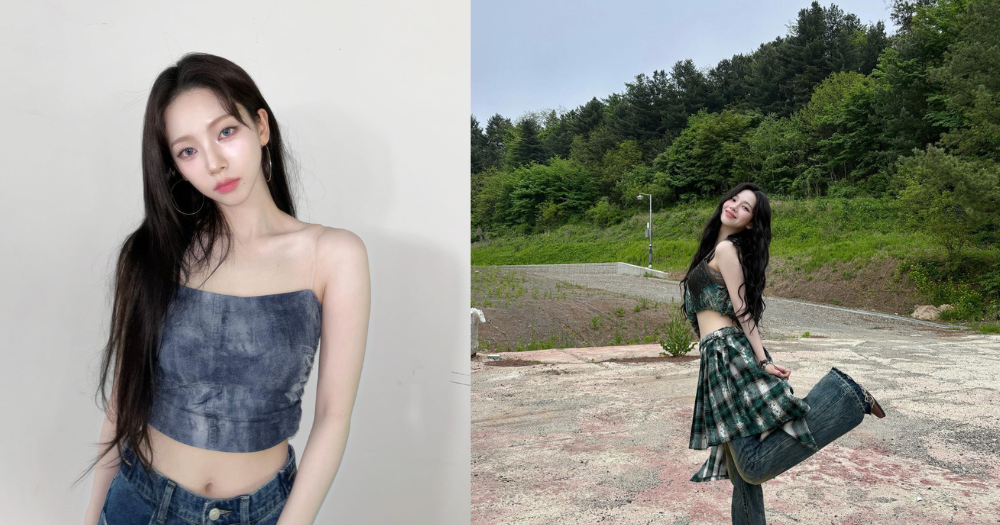 Karina 以平口上衣或小背心,展現出肩頸與腰部的線條