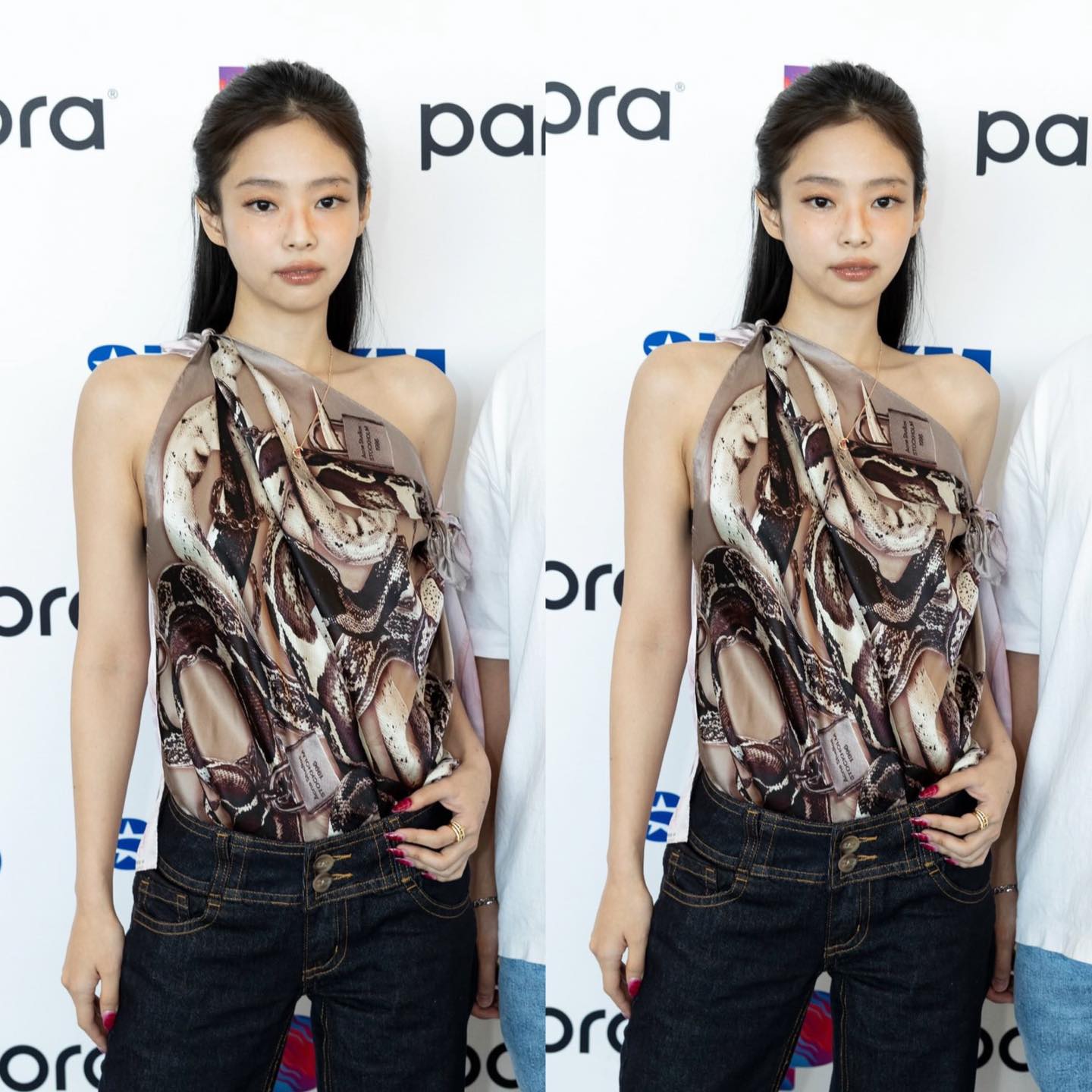 Jennie 在出席電台節目時,就以一條大地色調的蛇紋絲巾巧