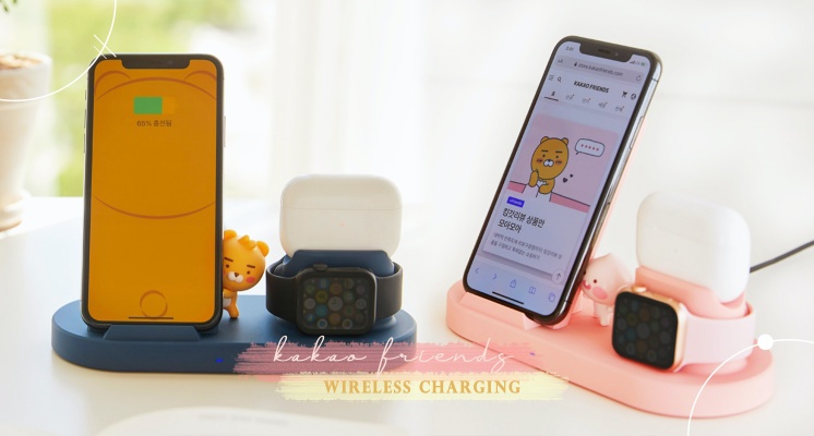 Kakao Friends「三合一無線充電座」實用必收！海軍藍萊恩、蜜桃粉桃子萌翻♡手機、耳機、Apple Watch一次充飽飽～